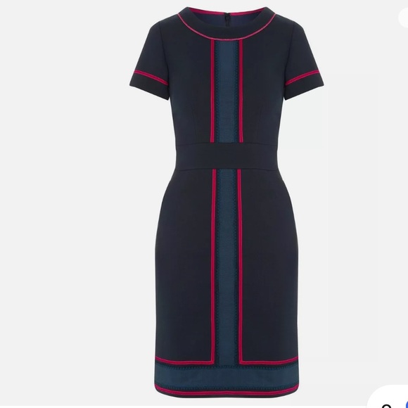 Boden- Edith Trim Detail Dress, Navy w/Red Piping, Grograin Ribbon Trim, Size 2P - Picture 3 of 11